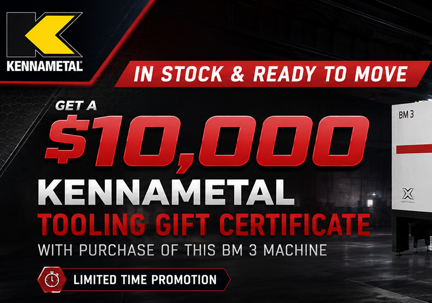Promotional newsletter graphic showing Kennametal cutting tools and a Kennametal gift card on the left, with sales copy on the right reading, “A powerful machine deserves powerful tools.” The graphic promotes a $10,000 Kennametal tooling gift certificate with the purchase of a Lagun BM 3, with a bold yellow offer box at the bottom right and a jagged fray style divider along the bottom.